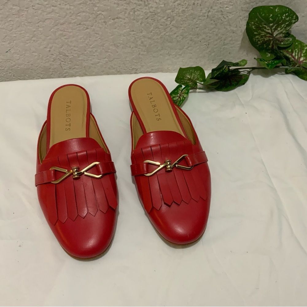 Talbots Red Leather Fringe Backless Mules with Gold Accent